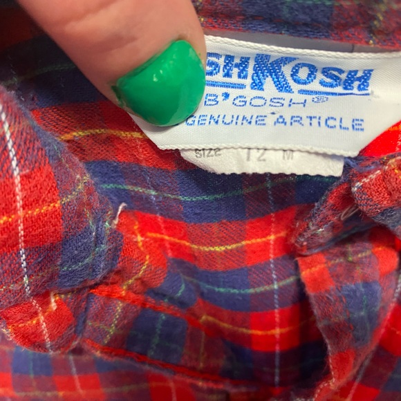 Vintage Osh Kosh Red Blue Plaid Flannel Button Down Shirt Winter Size 12 Month - Picture 5 of 8